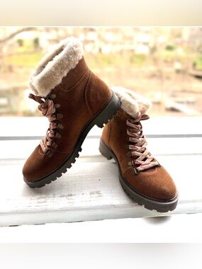 Cleo + Wolf - Suede Shearling Hiker Boots Brown Lace Up Ankle Booties Size 7.5